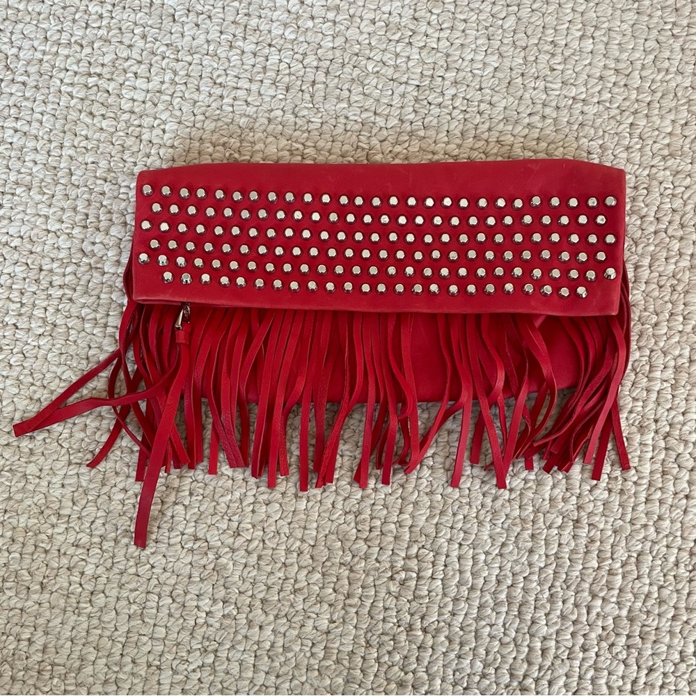 ASH Red Leather Clutch with Fringe and Metal Studs